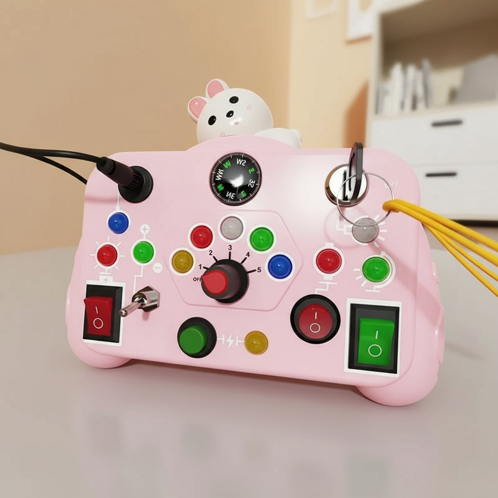 Planche occupée Montessori, jouets sensoriels, dessin animé avec interrupteur de lumière LED, panneau de commande, activités de voyage, jeu pour enfants de 2 à 4 ans Le coffre à jouets