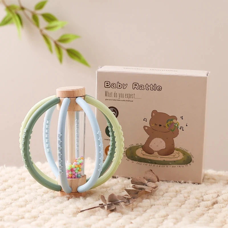Hochet Sensoriel en Bois pour Bébé, Tambour de Pluie en Silicone, Soins Dentaires pour Nouveau-Né, Gomme Anti-manger, Main Molaire, Bâton Cadeau Le coffre à jouets