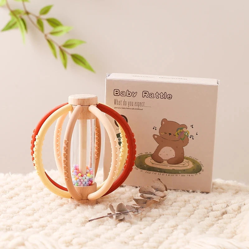 Hochet Sensoriel en Bois pour Bébé, Tambour de Pluie en Silicone, Soins Dentaires pour Nouveau-Né, Gomme Anti-manger, Main Molaire, Bâton Cadeau Le coffre à jouets
