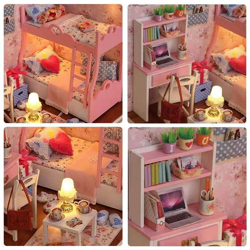 Mini maison de beurre en bois, modèle assemblé, kit de construction de petite maison, jouets de puzzle 3D, décoration de chambre avec meubles, cadeaux de maison de course Le coffre à jouets