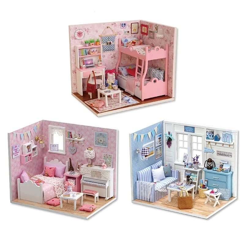 Mini maison de beurre en bois, modèle assemblé, kit de construction de petite maison, jouets de puzzle 3D, décoration de chambre avec meubles, cadeaux de maison de course Le coffre à jouets