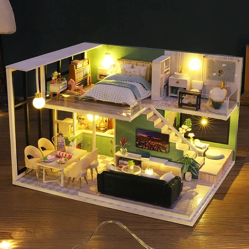 Maison de poupée en bois faite à la main, Production d'appartement Duplex, Puzzle 3D, modèle de construction, jouets, maison de poupée, cadeaux d'anniversaire pour enfants Le coffre à jouets