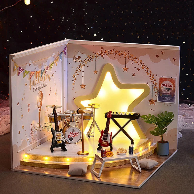 Maison de poupée en bois avec meubles, Mini maison de poupée, modèle d'assemblage fait à la main, décoration de salle de construction, Puzzle 3D, jouet pour fille, cadeaux Le coffre à jouets