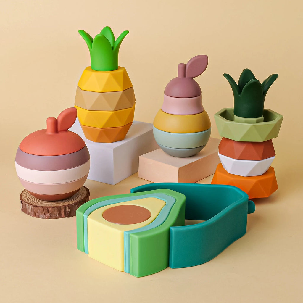 1 ensemble de blocs de Construction souples en Silicone, blocs à empiler, jouet pour bébé, fruits mignons, jouet de Construction en Silicone, anneaux de dentition en caoutchouc, jouet Montessori Le coffre à jouets