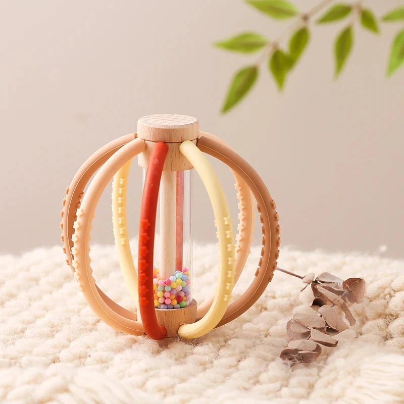 Hochet Sensoriel en Bois pour Bébé, Tambour de Pluie en Silicone, Soins Dentaires pour Nouveau-Né, Gomme Anti-manger, Main Molaire, Bâton Cadeau Le coffre à jouets