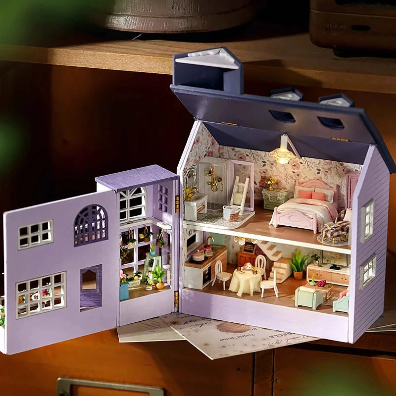 Bricolage Mini maison de poupée en bois assemblage modèle de construction rose princesse Villa Architecture Kit 3D Puzzle maison de poupée avec meubles cadeaux Le coffre à jouets
