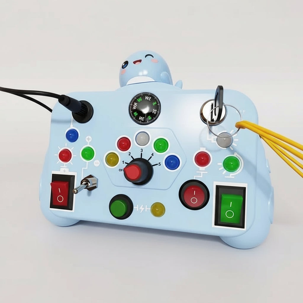 Planche occupée Montessori, jouets sensoriels, dessin animé avec interrupteur de lumière LED, panneau de commande, activités de voyage, jeu pour enfants de 2 à 4 ans Le coffre à jouets