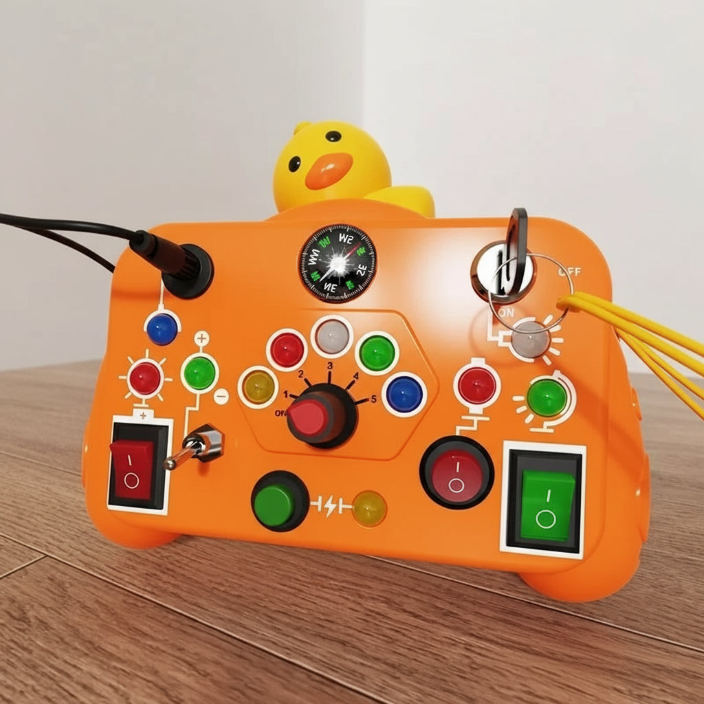 Planche occupée Montessori, jouets sensoriels, dessin animé avec interrupteur de lumière LED, panneau de commande, activités de voyage, jeu pour enfants de 2 à 4 ans Le coffre à jouets