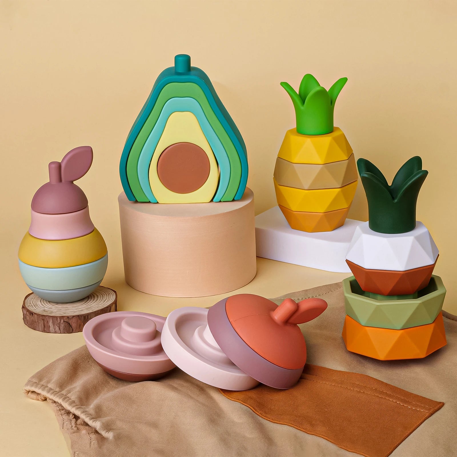 1 ensemble de blocs de Construction souples en Silicone, blocs à empiler, jouet pour bébé, fruits mignons, jouet de Construction en Silicone, anneaux de dentition en caoutchouc, jouet Montessori Le coffre à jouets