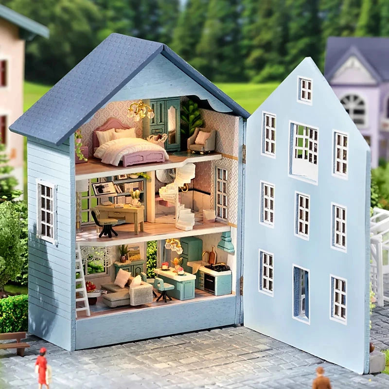 Bricolage Mini maison de poupée en bois assemblage modèle de construction rose princesse Villa Architecture Kit 3D Puzzle maison de poupée avec meubles cadeaux Le coffre à jouets