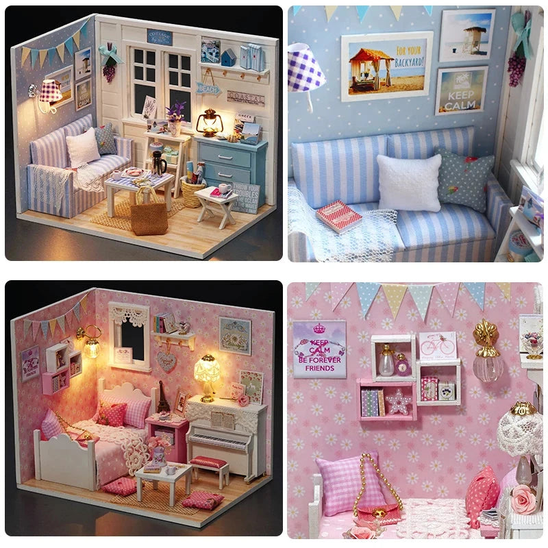 Mini maison de beurre en bois, modèle assemblé, kit de construction de petite maison, jouets de puzzle 3D, décoration de chambre avec meubles, cadeaux de maison de course Le coffre à jouets